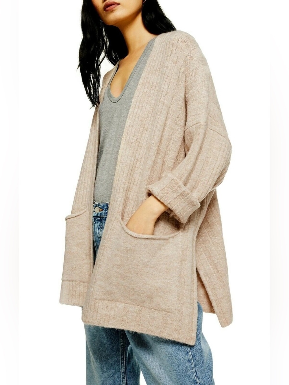 💚 Topshop Oversized Ribbed Open Front Cardigan Womens US 14 Beige Cozy